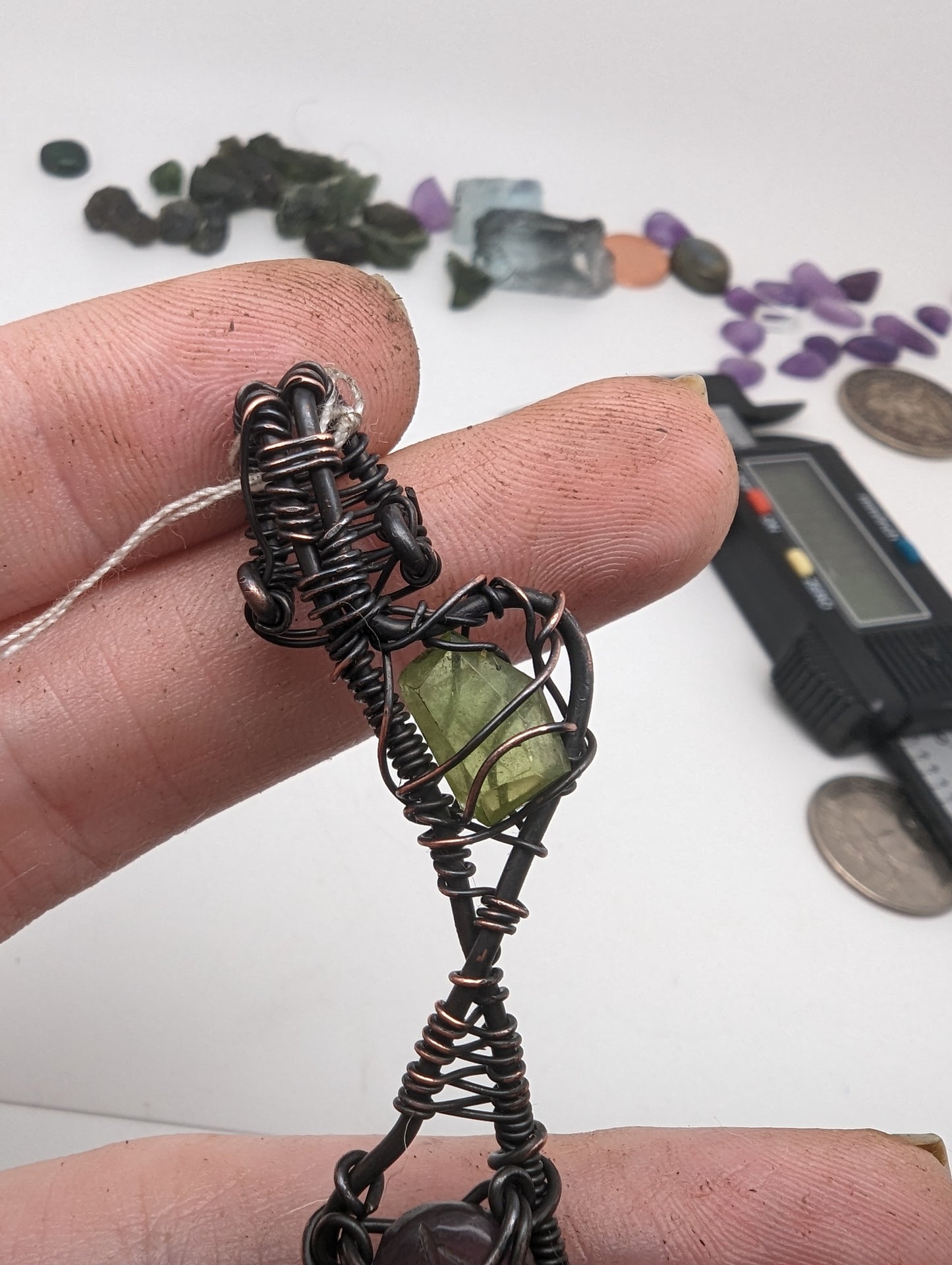 Wire Wrap Pendant - Peridot, Fluorite, Amethyst Leaf - Black and Copper