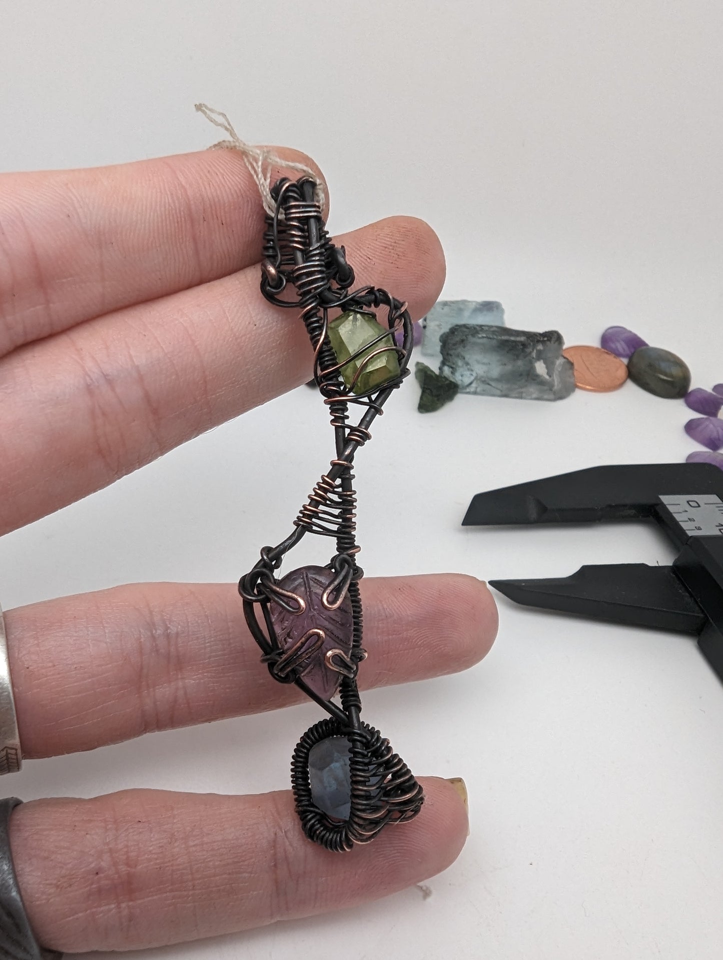 Wire Wrap Pendant - Peridot, Fluorite, Amethyst Leaf - Black and Copper