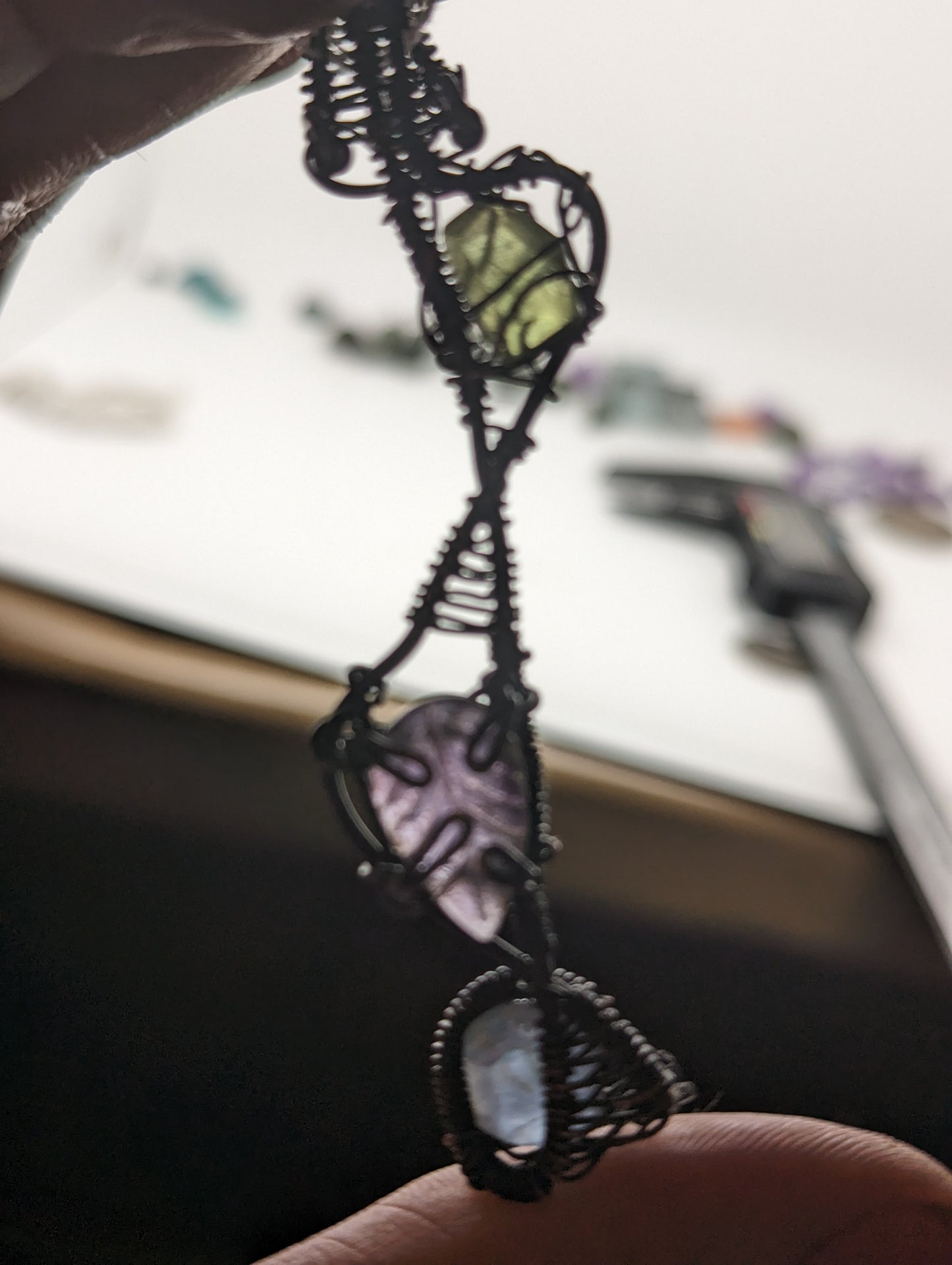 Wire Wrap Pendant - Peridot, Fluorite, Amethyst Leaf - Black and Copper