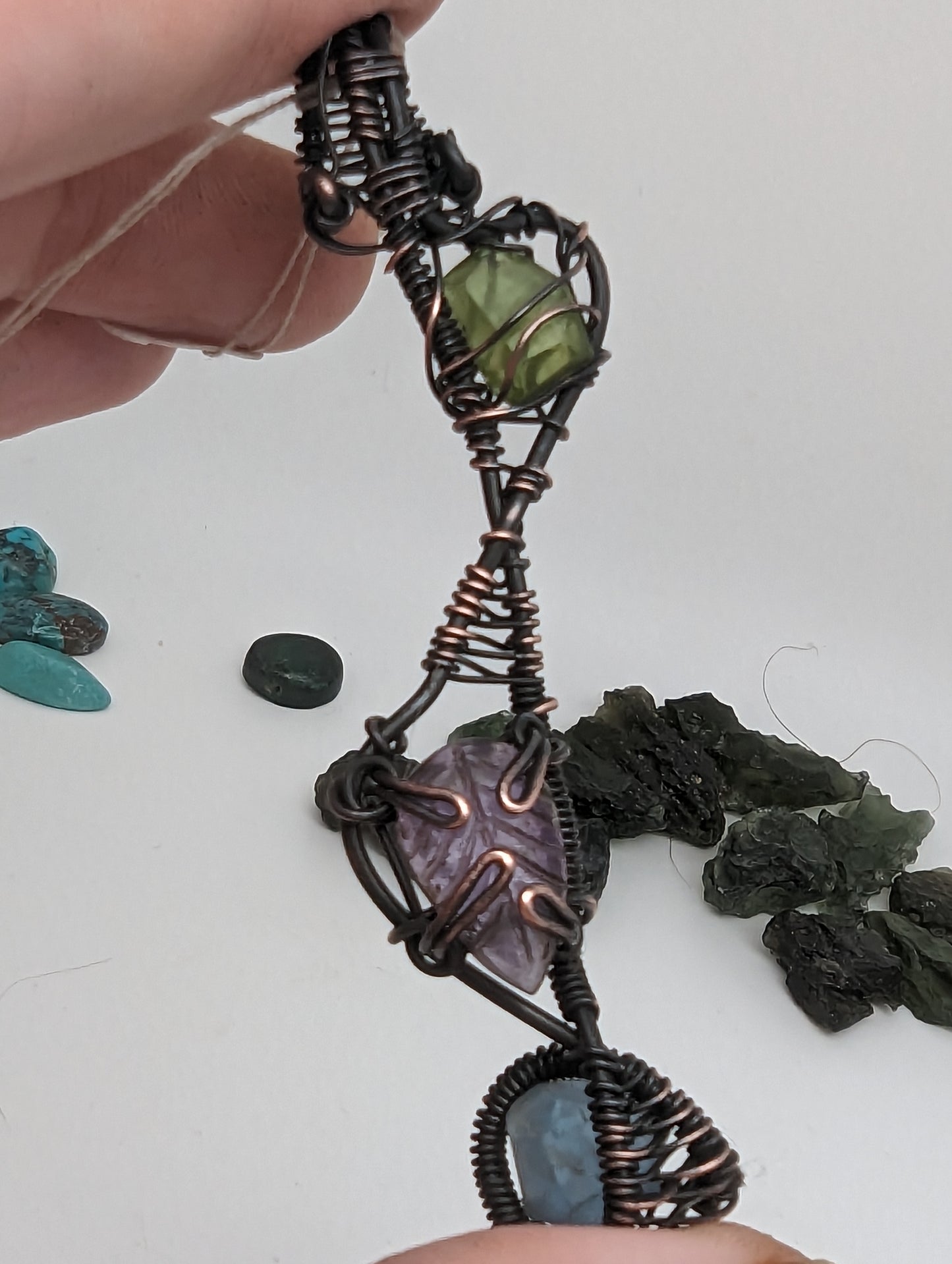 Wire Wrap Pendant - Peridot, Fluorite, Amethyst Leaf - Black and Copper