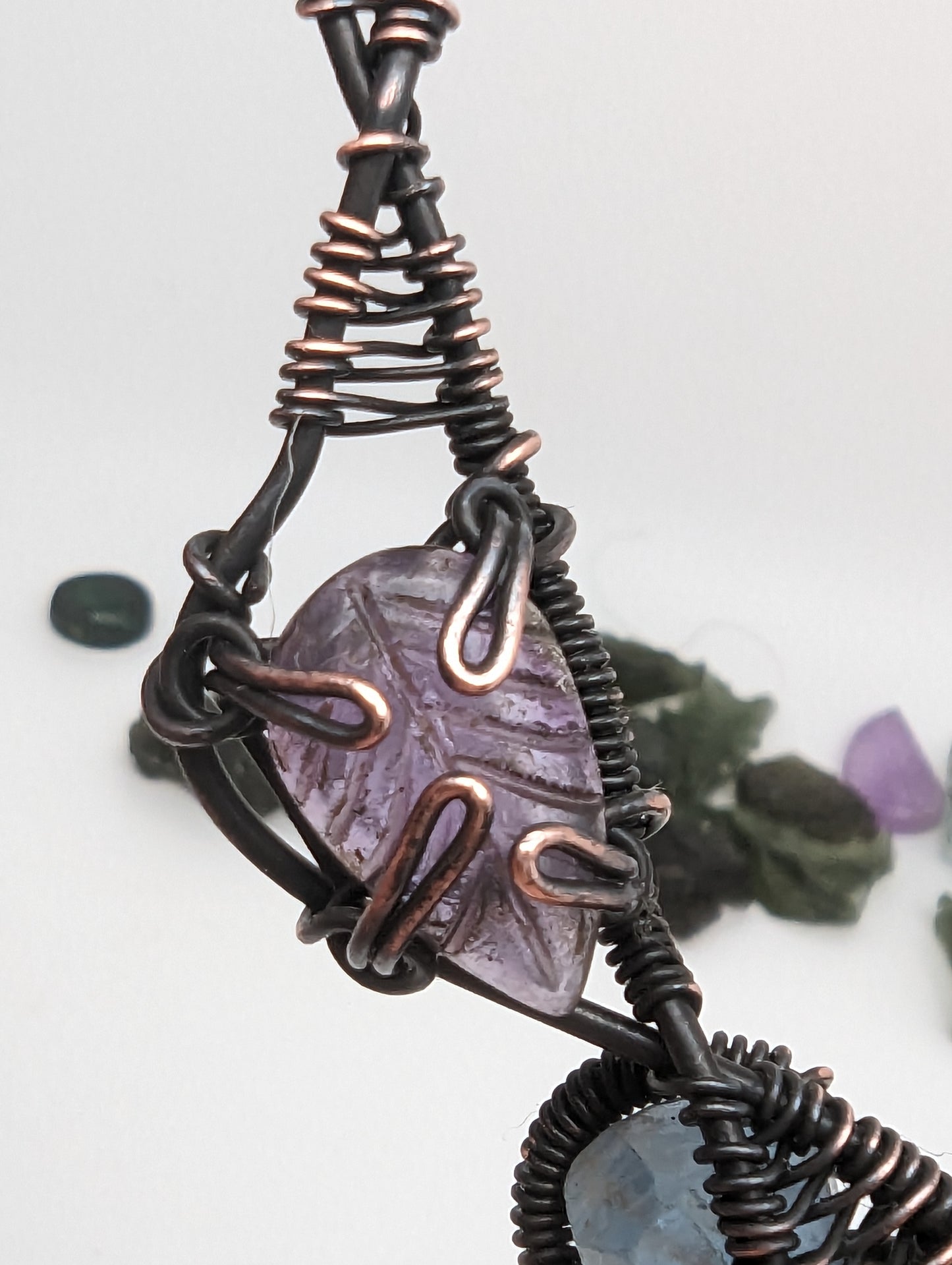 Wire Wrap Pendant - Peridot, Fluorite, Amethyst Leaf - Black and Copper