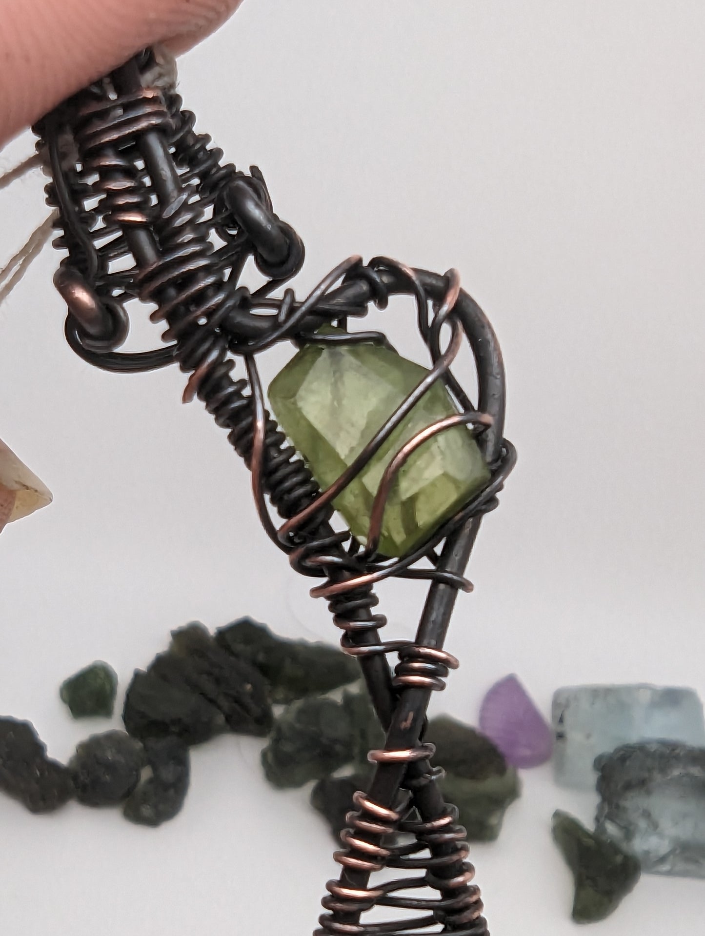 Wire Wrap Pendant - Peridot, Fluorite, Amethyst Leaf - Black and Copper