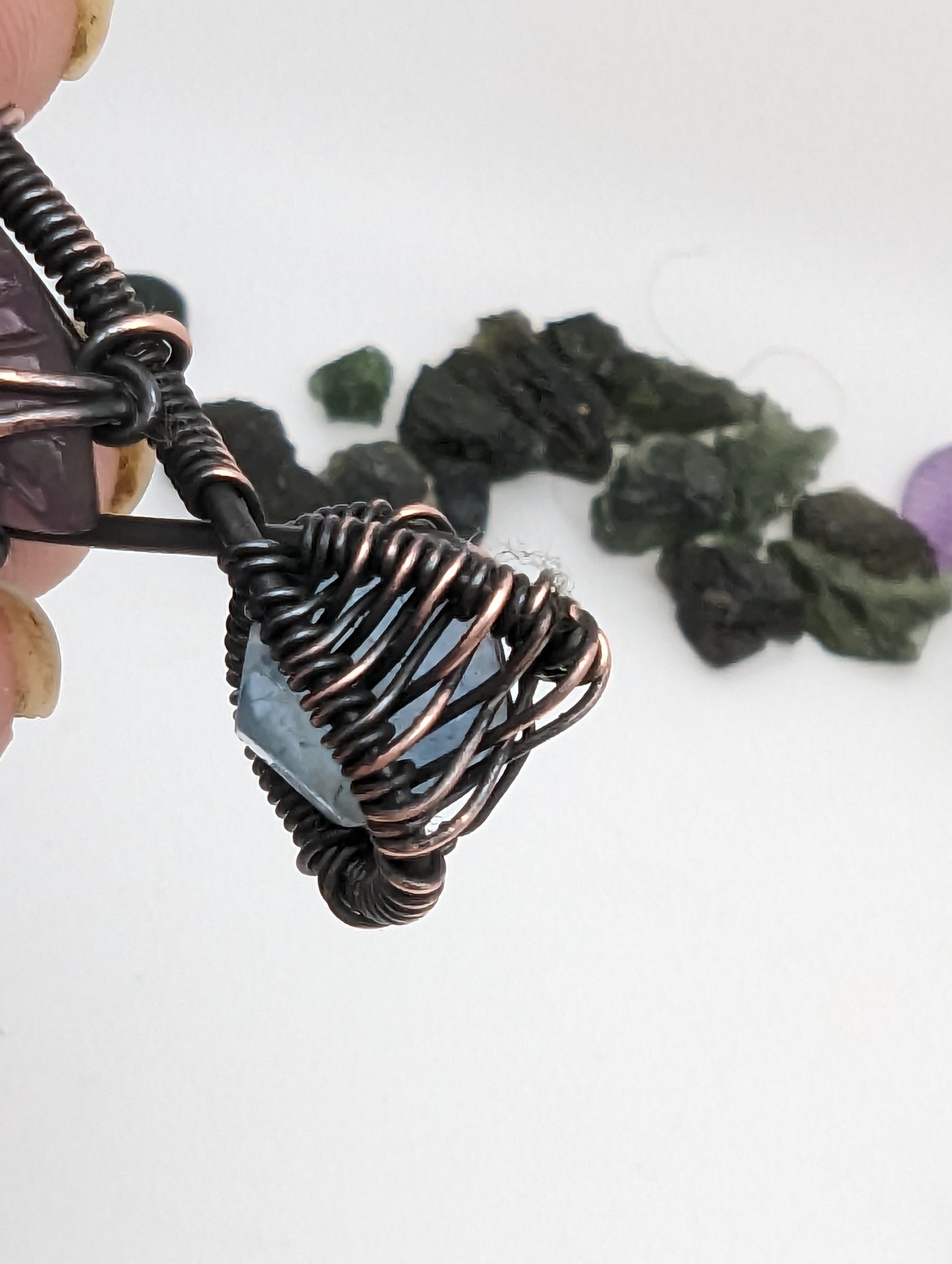 Wire Wrap Pendant - Peridot, Fluorite, Amethyst Leaf - Black and Copper