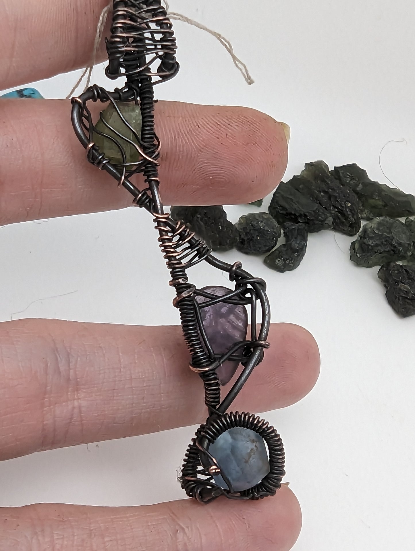 Wire Wrap Pendant - Peridot, Fluorite, Amethyst Leaf - Black and Copper