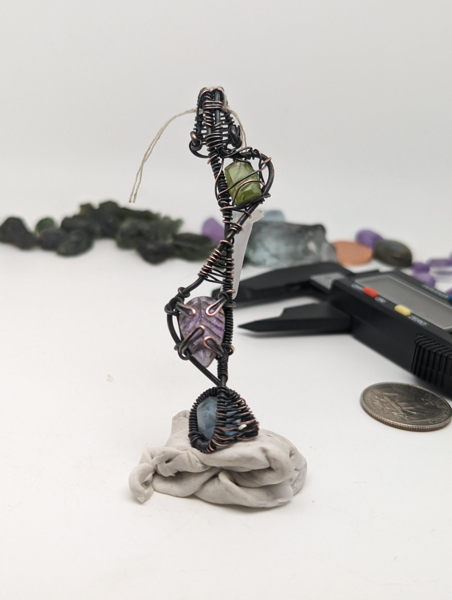 Wire Wrap Pendant - Peridot, Fluorite, Amethyst Leaf - Black and Copper