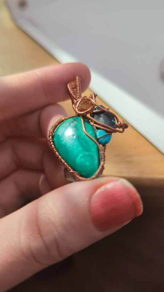 Malachite, Turquiose, and Garnet in Copper - Wire Wrap Pendant